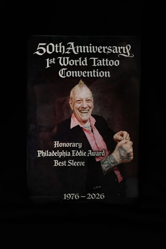 Honorary Philadelphia Eddie Award · Best Sleeve, 50TH ANNIV. WORLD TATTOO CONVENTION 2026, won by ELEMENT TATTOO in San Antonio