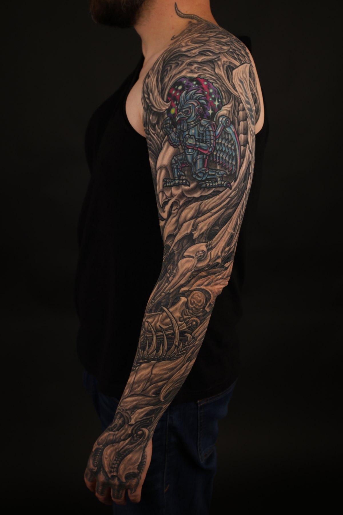 Black and grey biomechanical arm sleeve by Josh Standley