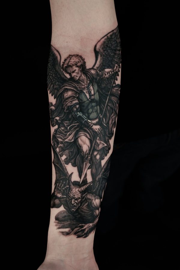 Black and grey warrior tattoo by Brian Pittman