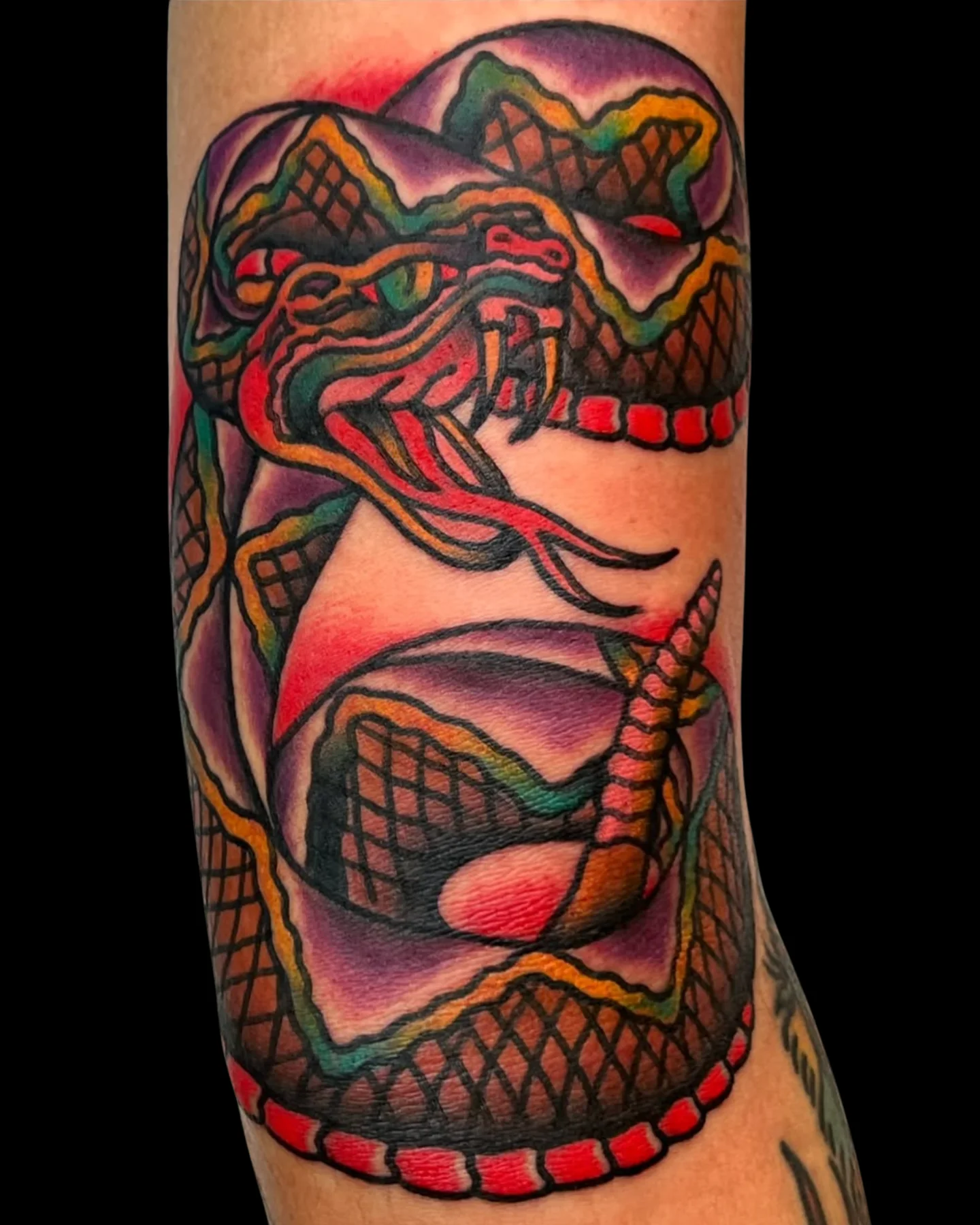 Traditional snake tattoo with red and green scales by Chris Harris