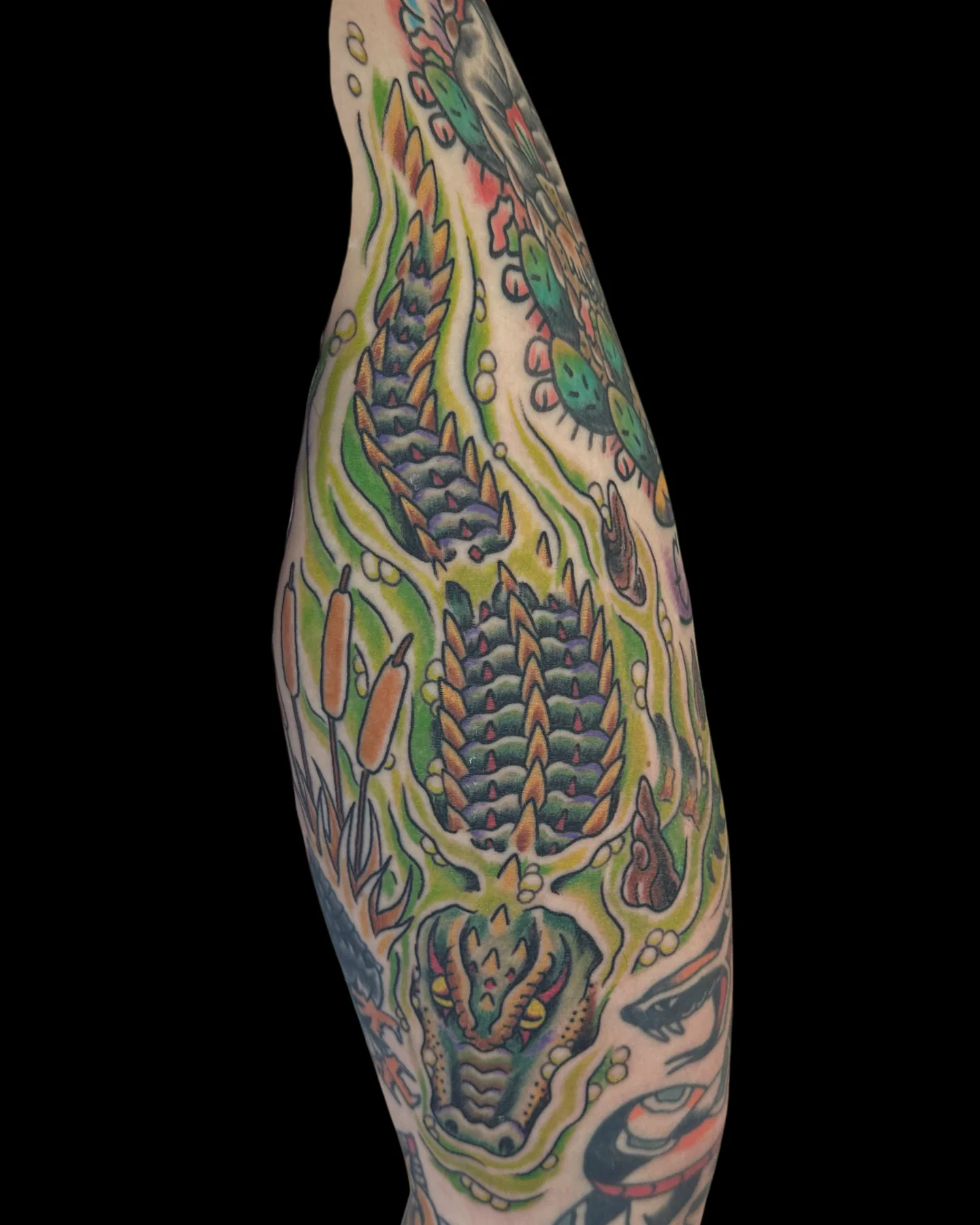 Color skeletal torso tattoo on the leg by Angel Serda