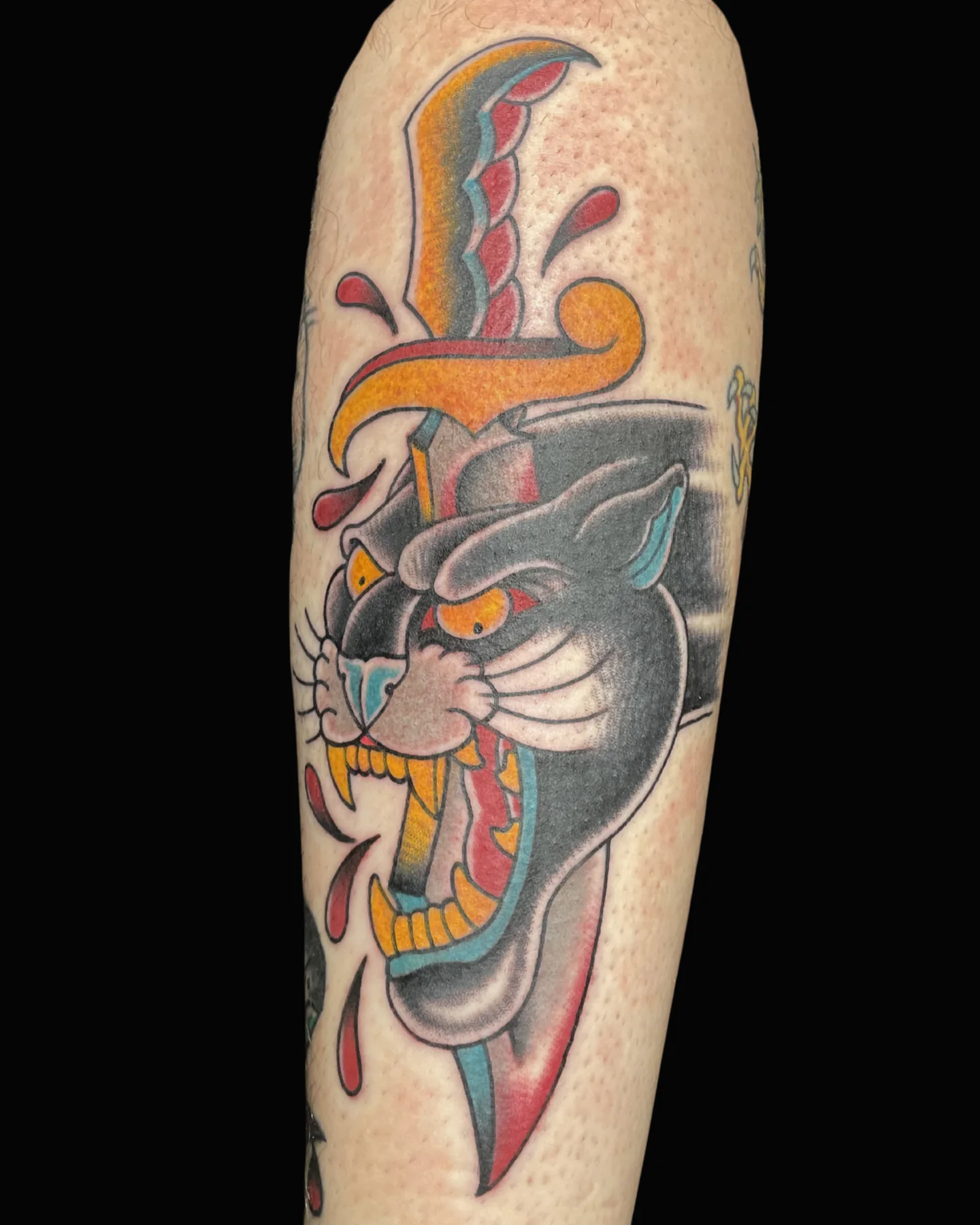 Traditional panther and dagger tattoo by Chance Ewing