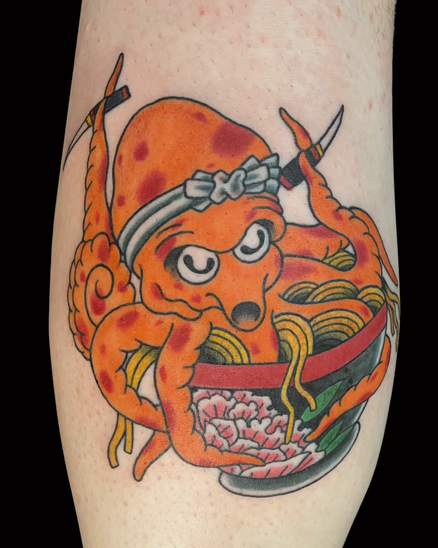 Color octopus and ramen bowl tattoo by Chance Ewing