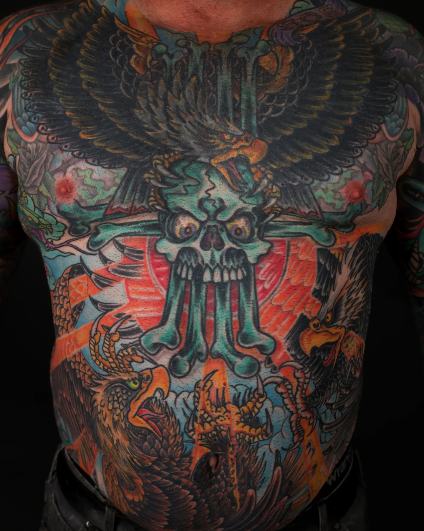 Texas Wild Style torso tattoo with skull and dagger by Jedidia Reid